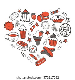 Elegant card with sweets and dessrts in a shape of a heart
