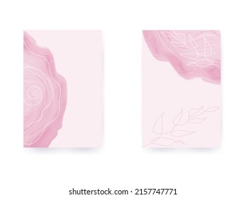 Elegant card template with botanical element on the pink watercolor background. For lettering. Vector illustration for invite wedding, salon, spa.