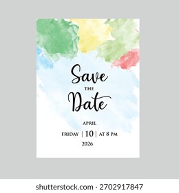 Elegant card template featuring beautiful watercolour splashes perfect for wedding, birthday, or party invitations and announcements.