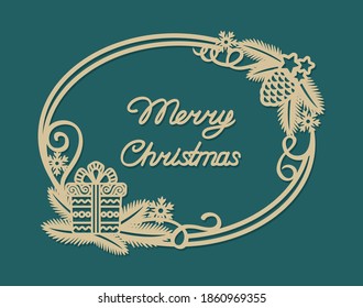 Elegant card with the text Merry Christmas. The golden oval frame is decorated with fir branches, a pine cone, serpentine curls, snowflakes, a gift box. Vector illustration on a dark green background.