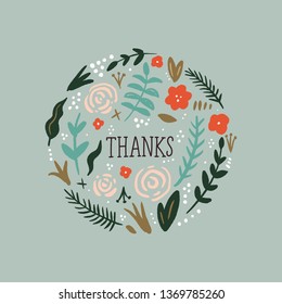 Elegant card, thanks text with hand painted pattern, wild flowers. Doodle floral summer design for holidays. Poster or postcard. Vector, clip art