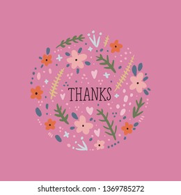Elegant card, thanks text with hand painted pattern, wild flowers. Doodle floral summer design for holidays. Poster or postcard. Vector, clip art