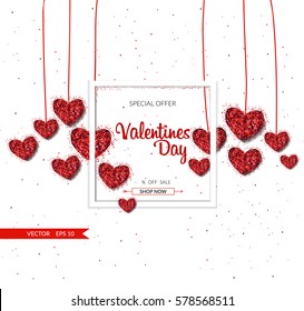 Elegant card for Valentine's Day. Heart of confetti on a light background. Text frame with the words Happy Valentine's Day