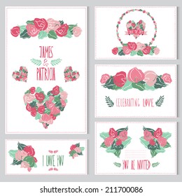 Elegant cards with calla bouquets, hearts and wreath, design elements. Can be used for wedding, baby shower, mothers day, valentines day, birthday cards, invitations. Vintage decorative flowers.