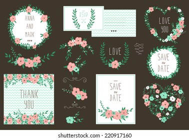 Elegant cards collection with floral bouquets and wreath design elements. Perfect for save the date, baby shower, mothers day, valentines day, birthday cards, invitations. Vector illustration set