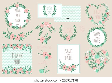 Elegant cards collection with floral bouquets and wreath design elements. Perfect for save the date, baby shower, mothers day, valentines day, birthday cards, invitations. Vector illustration set