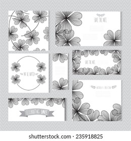 Elegant cards with decorative clovers, design elements. Can be used for wedding, baby shower, mothers day, valentines day, birthday cards, invitations. Vintage decorative flowers. St Patrick theme