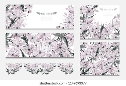 Elegant cards with decorative flowers, design elements. Can be used for wedding, baby shower, mothers day, valentines day, birthday cards, invitations, greetings. Vintage decorative flowers.