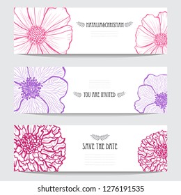 Elegant cards with decorative flowers, design elements. Can be used for wedding, baby shower, mothers day, valentines day, birthday cards, invitations, greetings. Vintage decorative flowers.