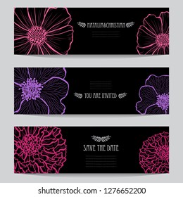 Elegant cards with decorative flowers, design elements. Can be used for wedding, baby shower, mothers day, valentines day, birthday cards, invitations, greetings. Vintage decorative flowers.