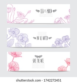 Elegant cards with decorative flowers, design elements. Can be used for wedding, baby shower, mothers day, valentines day, birthday cards, invitations, greetings. Vintage decorative flowers.