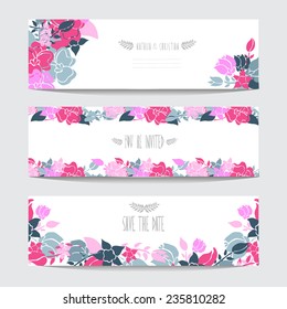 Elegant cards with decorative flowers, design elements. Can be used for wedding, baby shower, mothers day, valentines day, birthday cards, invitations. Floral banners. Vintage decorative flowers