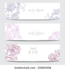 Elegant cards with decorative flowers, design elements. Can be used for wedding, baby shower, mothers day, valentines day, birthday cards, invitations. Floral banners. Vintage decorative flowers