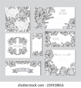 Elegant cards with decorative flowers, design elements. Can be used for wedding, baby shower, mothers day, valentines day, birthday cards, invitations. Vintage decorative flowers