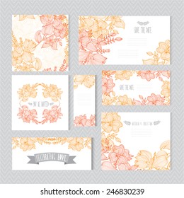 Elegant cards with decorative flowers, design elements. Can be used for wedding, baby shower, mothers day, valentines day, birthday cards, invitations, greetings. Vintage decorative flowers.