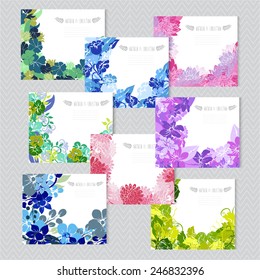 Elegant cards with decorative flowers, design elements. Can be used for wedding, baby shower, mothers day, valentines day, birthday cards, invitations, greetings. Vintage decorative flowers.