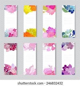 Elegant cards with decorative flowers, design elements. Can be used for wedding, baby shower, mothers day, valentines day, birthday cards, invitations, greetings. Vintage decorative flowers.