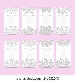 Elegant cards with decorative flowers, design elements. Can be used for wedding, baby shower, mothers day, valentines day, birthday cards, invitations, greetings. Vintage decorative flowers.