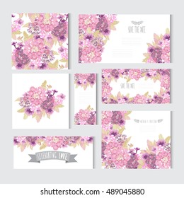 Elegant cards with decorative flowers, design elements. Can be used for wedding, baby shower, mothers day, valentines day, birthday cards, invitations. All elements can be edited, color can be changed