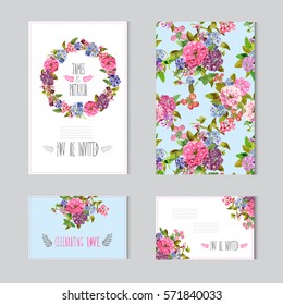 Elegant cards with decorative flowers, design elements. Can be used for wedding, baby shower, mothers day, valentines day, birthday cards, invitations, greetings. Vintage decorative flowers.