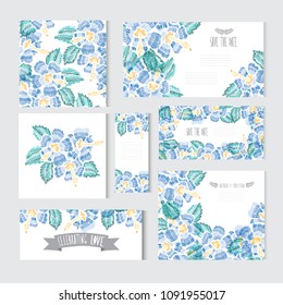 Elegant cards with decorative hibiscus flowers, design elements. Can be used for wedding, baby shower, mothers day, valentines day, birthday cards, invitations, greetings. Vintage decorative flowers.