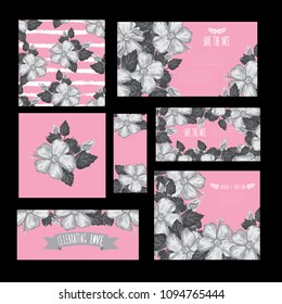 Elegant cards with decorative hibiscus flowers, design elements. Can be used for wedding, baby shower, mothers day, valentines day, birthday cards, invitations, greetings. Vintage decorative flowers.