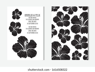 Elegant cards with decorative hibiscus flowers, design elements. Can be used for wedding, baby shower, mothers day, valentines day, birthday cards, invitations, greetings. Vintage decorative flowers.