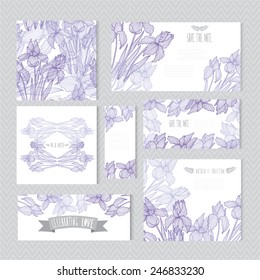 Elegant cards with decorative iris flowers, design elements. Can be used for wedding, baby shower, mothers day, valentines day, birthday cards, invitations, greetings. Vintage decorative flowers.