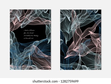 Elegant cards with decorative leaves, design elements. Can be used for wedding, baby shower, mothers day, valentines day, birthday cards, invitations, greetings. Vintage decorative cards
