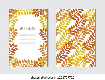 Elegant cards with decorative leaves, design elements. Can be used for wedding, baby shower, mothers day, valentines day, birthday cards, invitations, greetings. Vintage decorative cards