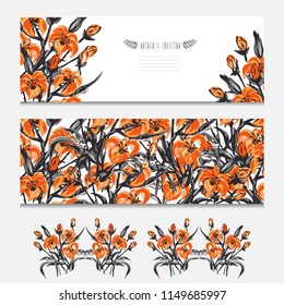 Elegant cards with decorative lily flowers, design elements. Can be used for wedding, baby shower, mothers day, valentines day, birthday cards, invitations, greetings. Vintage decorative flowers.