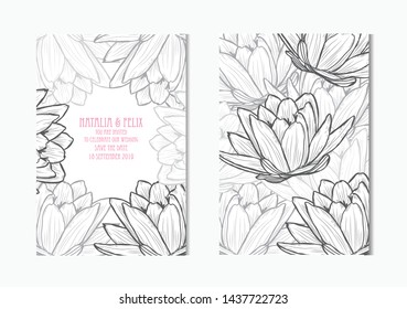 Elegant cards with decorative lotus flowers, design elements. Can be used for wedding, baby shower, mothers day, valentines day, birthday cards, invitations, greetings. Vintage decorative flowers.