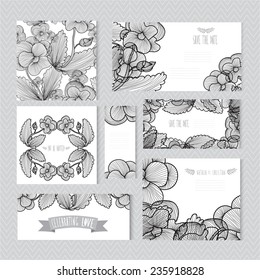 Elegant cards with decorative pansy flowers, design elements. Can be used for wedding, baby shower, mothers day, valentines day, birthday cards, invitations. Vintage decorative flowers