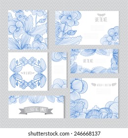 Elegant cards with decorative pansy flowers, design elements. Can be used for wedding, baby shower, mothers day, valentines day, birthday cards, invitations, greetings. Vintage decorative flowers.