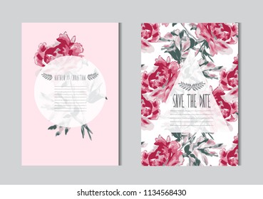 Elegant cards with decorative peony flowers, design elements. Can be used for wedding, baby shower, mothers day, valentines day, birthday cards, invitations, greetings. Vintage decorative flowers.