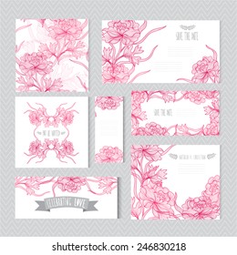 Elegant cards with decorative peony flowers, design elements. Can be used for wedding, baby shower, mothers day, valentines day, birthday cards, invitations, greetings. Vintage decorative flowers.