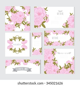 Elegant cards with decorative peony flowers, design elements. Can be used for wedding, baby shower, mothers day, valentines day, birthday cards, invitations, greetings. Vintage decorative flowers.