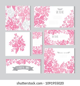 Elegant cards with decorative pink flowers, design elements. Can be used for wedding, baby shower, mothers day, valentines day, birthday cards, invitations, greetings. Vintage decorative flowers.