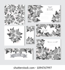 Elegant cards with decorative poppy flowers, design elements. Can be used for wedding, baby shower, mothers day, valentines day, birthday cards, invitations, greetings. Vintage decorative flowers.