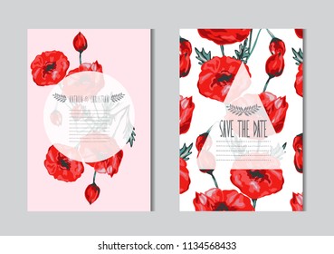 Elegant cards with decorative poppy flowers, design elements. Can be used for wedding, baby shower, mothers day, valentines day, birthday cards, invitations, greetings. Vintage decorative flowers.
