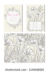 Elegant cards with decorative poppy flowers, design elements. Can be used for wedding, baby shower, mothers day, valentines day, birthday cards, invitations, greetings. Vintage decorative flowers.
