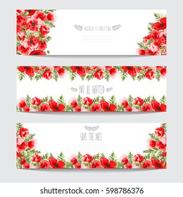 Elegant cards with decorative poppy flowers, design elements. Can be used for wedding, baby shower, mothers day, valentines day, birthday cards, invitations, greetings. Vintage decorative flowers.