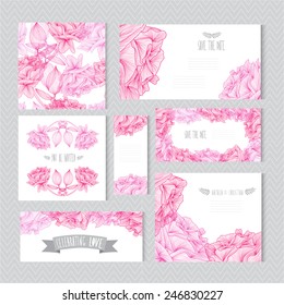 Elegant cards with decorative rose flowers, design elements. Can be used for wedding, baby shower, mothers day, valentines day, birthday cards, invitations, greetings. Vintage decorative flowers.