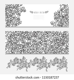 Elegant cards with decorative sakura flowers, design elements. Can be used for wedding, baby shower, mothers day, valentines day, birthday cards, invitations, greetings. Vintage decorative flowers.