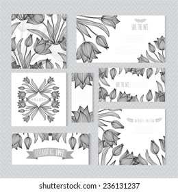 Elegant cards with decorative tulip flowers, design elements. Can be used for wedding, baby shower, mothers day, valentines day, birthday cards, invitations. Vintage decorative flowers