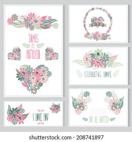 Elegant cards with floral bouquets, hearts and wreath, design elements. Can be used for wedding, baby shower, mothers day, valentines day, birthday cards, invitations. Vintage decorative flowers.