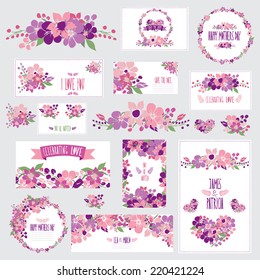 Elegant cards with floral bouquets, hearts and wreath, design elements. Can be used for wedding, baby shower, mothers day, valentines day, birthday cards, invitations. Vintage decorative flowers.