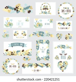 Elegant cards with floral bouquets, hearts and wreath, design elements. Can be used for wedding, baby shower, mothers day, valentines day, birthday cards, invitations. Vintage decorative flowers.