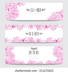 Elegant cards with floral cherry blossom bouquets, design elements. Can be used for wedding, baby shower, mothers day, valentines day, birthday cards, invitations. Vintage decorative flowers.