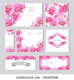 Elegant cards with floral chrysanthemum bouquets, design elements. Can be used for wedding, baby shower, mothers day, valentines day, birthday cards, invitations. Vintage decorative flowers.